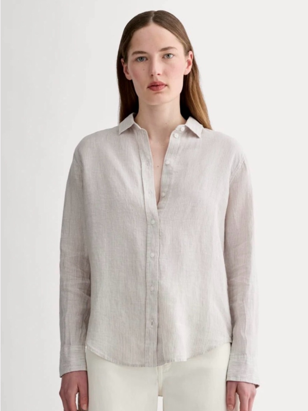 Everlane Women’s Linen Button-Down Shirt Taupe and White Pinstripe US 6 EUC
